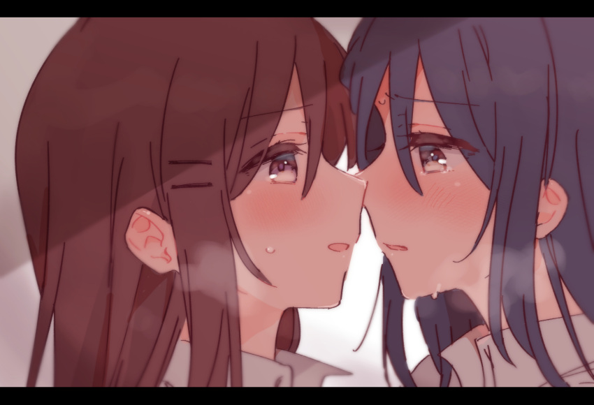 2girls, adachi_sakura, adachi_to_shimamura, bangs, black_hair, blush, brown_hair, collared_shirt