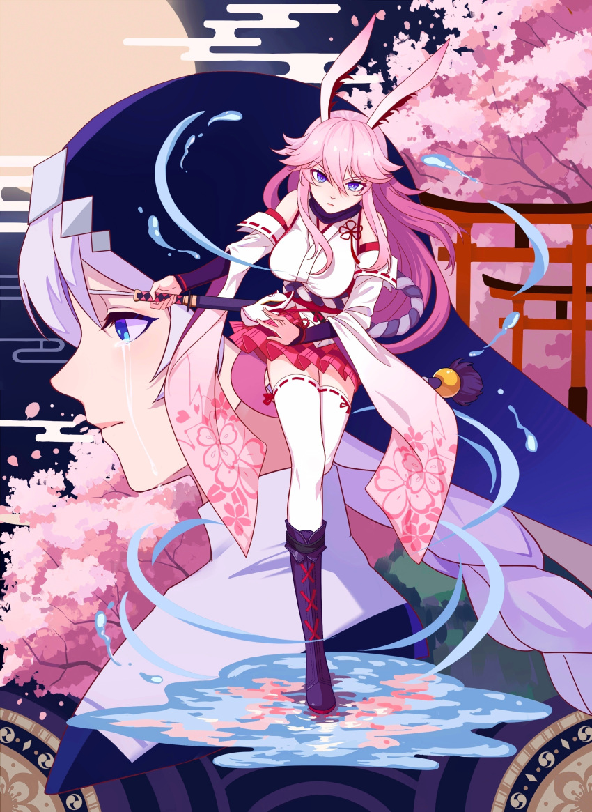 2girls, absurdres, animal_ears, bangs, bare_shoulders, blue_eyes, boots, braid