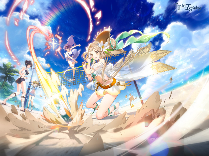 4girls, absurdres, alexa_(epic_seven), beach, beach_volleyball, bikini, black_bikini, black_hair, blonde_hair, blue_bikini, braid, brown_eyes, brown_hair, clarissa_(epic_seven), clouds, cloudy_sky, elf, epic_seven, flower, green_eyes, hair_bun, hair_flower, hair_ornament, hairband, hat, highres, iseria_(epic_seven), long_hair, montmorancy_(epic_seven), multiple_girls, ocean, official_art, palm_tree, pointy_ears, purple_bikini, purple_hair, sandals, sky, straw_hat, swimsuit, tree, twintails, violet_eyes, volleyball, volleyball_net, white_bikini