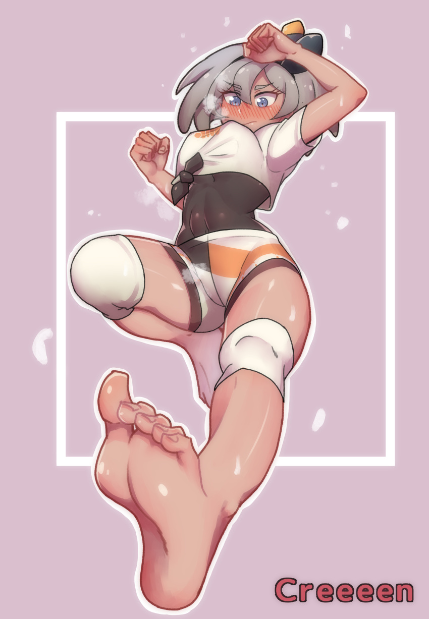 1girl, absurdres, arm_up, artist_name, bangs, barefoot, bea_(pokemon), black_bodysuit