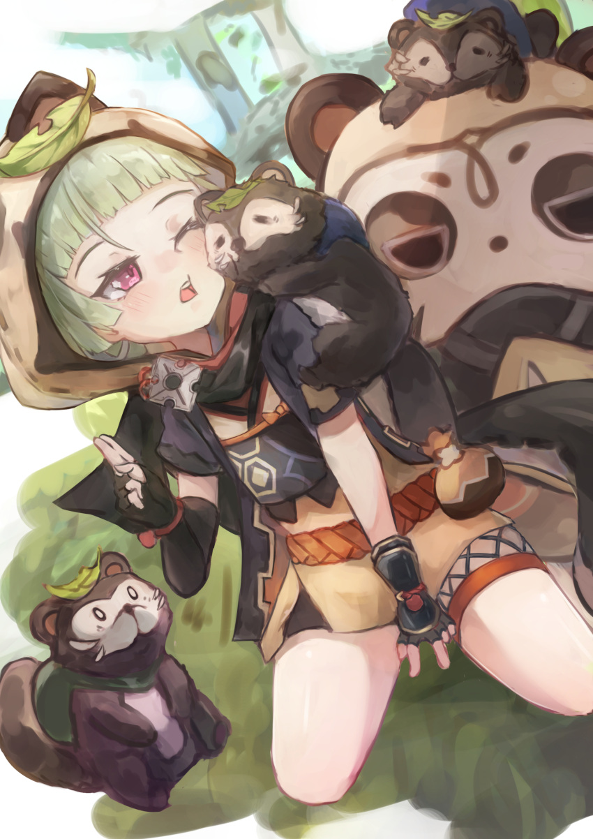 1girl, absurdres, animal_ears, animal_hood, arm_guards, bake-danuki_(genshin_impact), bangs, black_gloves, blunt_bangs, commentary, commentary_request, elxion, eyebrows_visible_through_hair, fake_animal_ears, fake_tail, fingerless_gloves, genshin_impact, gloves, highres, hood, japanese_clothes, leaf, leaf_on_head, looking_at_another, muji-muji_daruma_(genshin_impact), ninja, raccoon_ears, raccoon_tail, sayu_(genshin_impact), seiza, short_hair, short_sleeves, sidelocks, silver_hair, sitting, tail, tanuki, violet_eyes