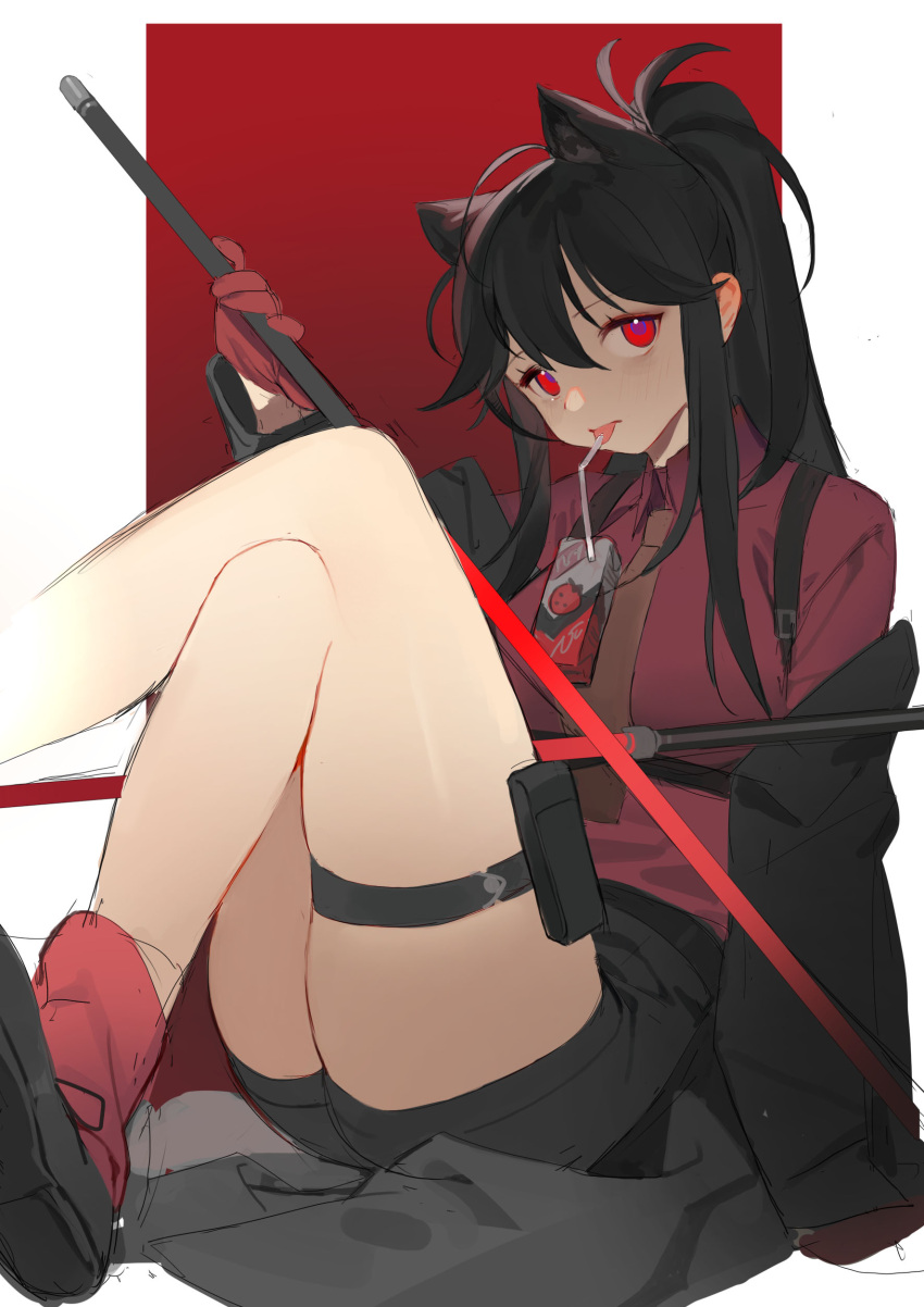 absurdres, animal_ears, arknights, bahao_diqiu, black_hair, black_jacket, black_shorts, brown_neckwear