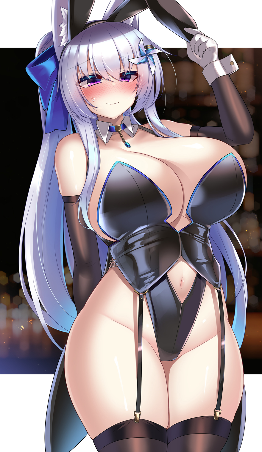 1girl, animal_ears, black_leotard, breasts, detached_collar, detached_sleeves, fake_animal_ears, fox_ears