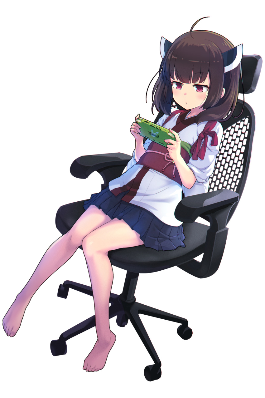 1girl, ahoge, bangs, bare_legs, barefoot, brown_hair, chair, handheld_game_console