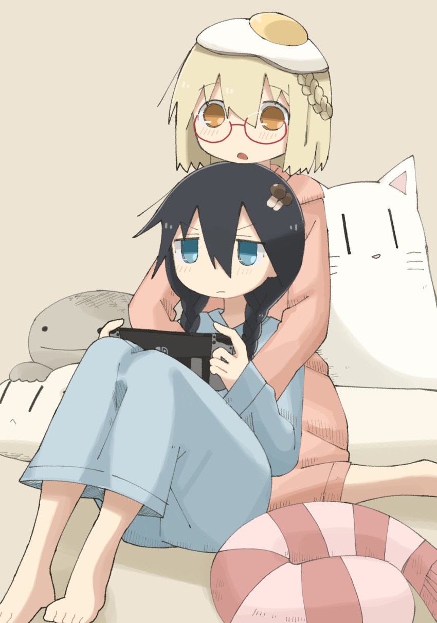 2girls, animal_pillow, barefoot, black_hair, blonde_hair, blue_dress, blue_eyes, braid
