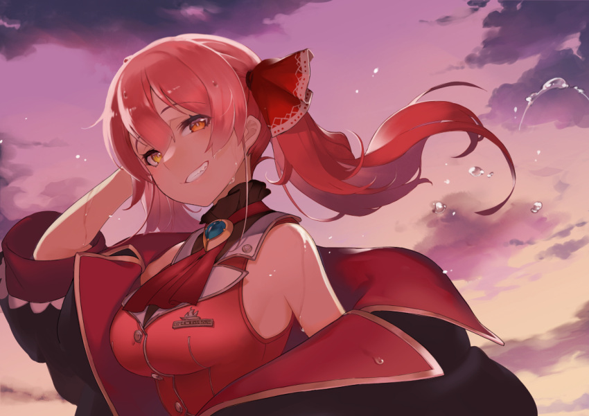 1girl, ascot, blush, breasts, clouds, dokkumaa, dutch_angle, from_behind, hair_between_eyes, hand_in_hair, heterochromia, hololive, hololive_english, houshou_marine, long_hair, looking_at_viewer, medium_breasts, off_shoulder, purple_sky, red_eyes, redhead, sleeveless, smile, solo, sunset, sweat, twintails, yellow_eyes