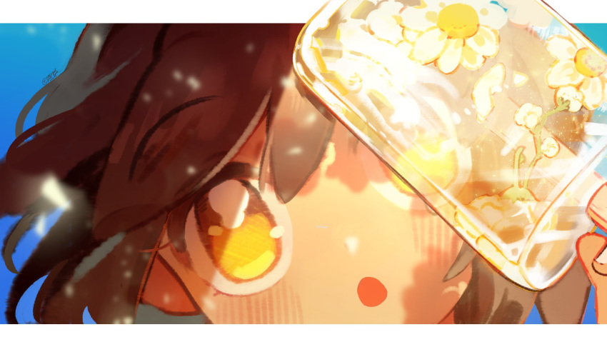 1girl, bangs, blue_background, blush, brown_hair, chou_ji_yun, close-up, flower