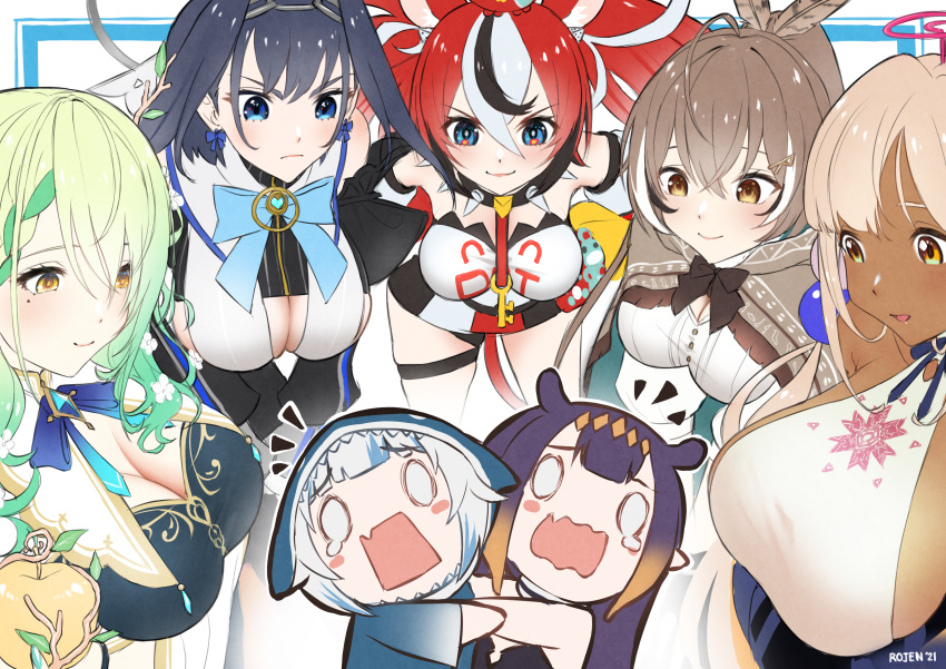 6+girls, absurdres, animal_ears, bangs, black_hair, blonde_hair, blue_eyes, blue_hair