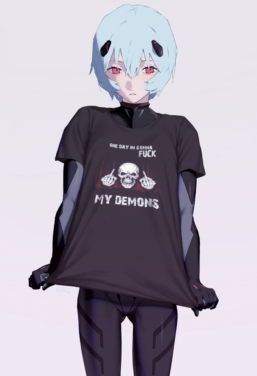 1girl, absurdres, ass_visible_through_thighs, ayanami_rei, bangs, black_bodysuit, black_shirt, blue_hair