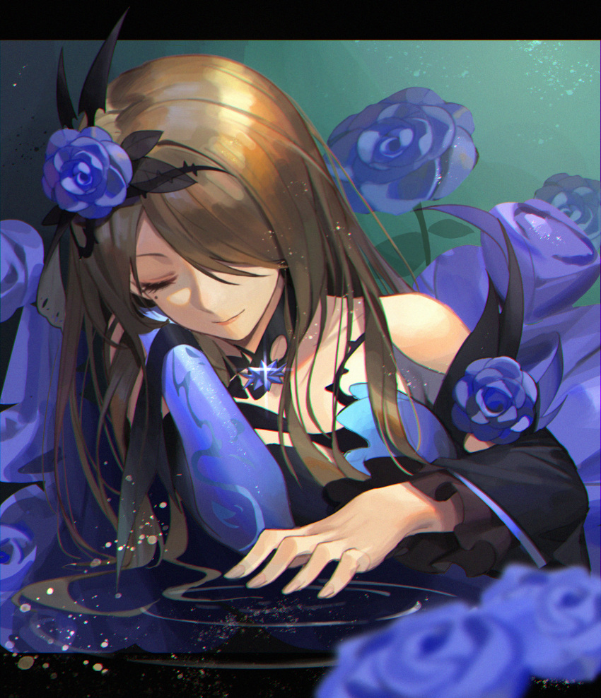 1girl, asymmetrical_sleeves, bangs, black_dress, blurry, blurry_foreground, brown_hair, closed_eyes