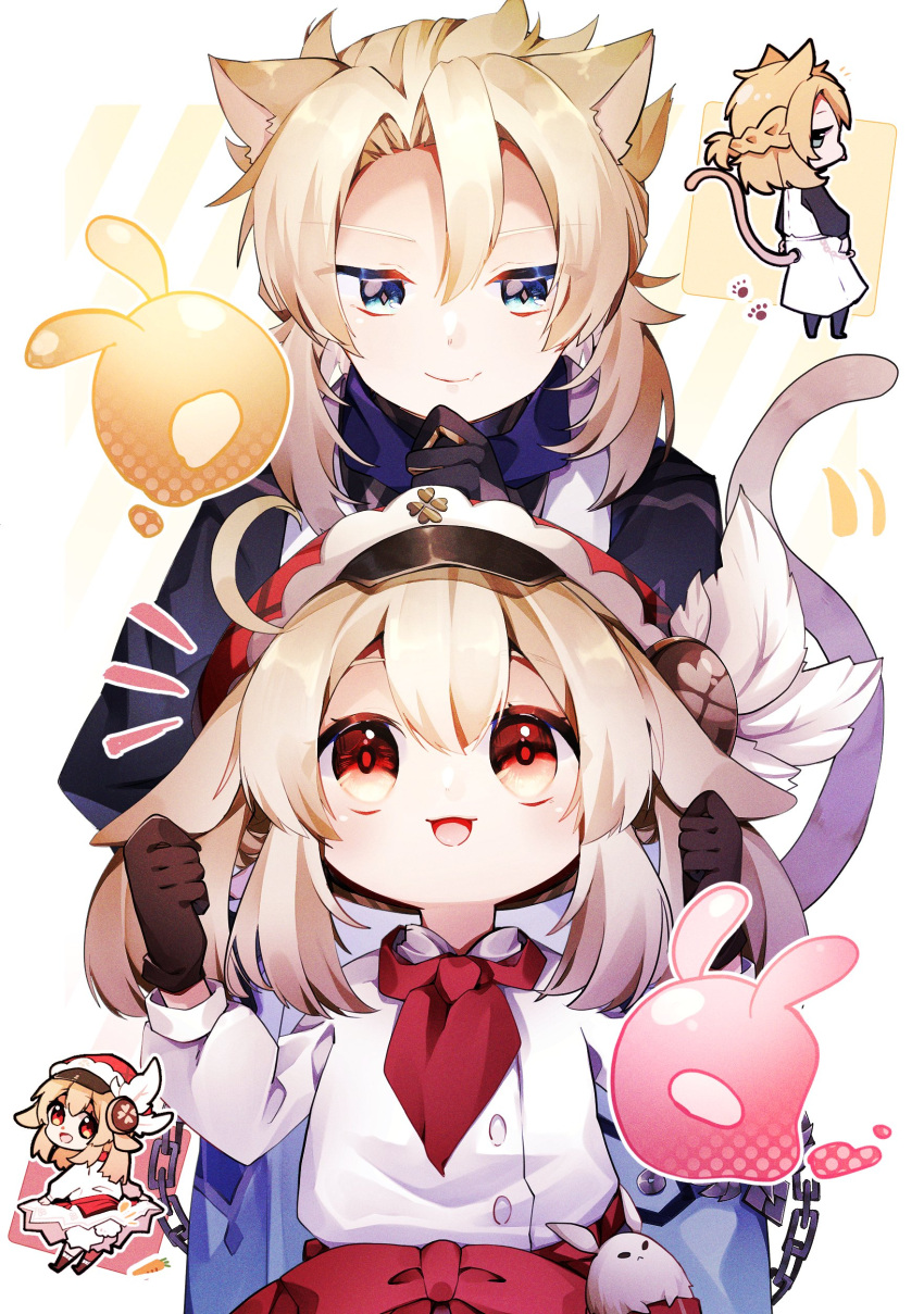 1boy, 1girl, :d, absurdres, ahoge, animal_ears, bangs, black_gloves, blue_eyes, braid, brown_gloves, brown_hair, cabbie_hat, cat_ears, cat_tail, chef_uniform, chibi, clover_print, commentary_request, dodoco_(genshin_impact), eyebrows_visible_through_hair, genshin_impact, gloves, hair_between_eyes, hat, height_difference, highres, kemonomimi_mode, klee_(genshin_impact), light_brown_hair, long_hair, long_sleeves, looking_at_another, looking_down, looking_up, low_twintails, open_mouth, orange_eyes, rabbit_ears, rabbit_tail, seelie_(genshin_impact), short_sleeves, sidelocks, simple_background, single_braid, smile, tail, twintails, usako1031, white_background