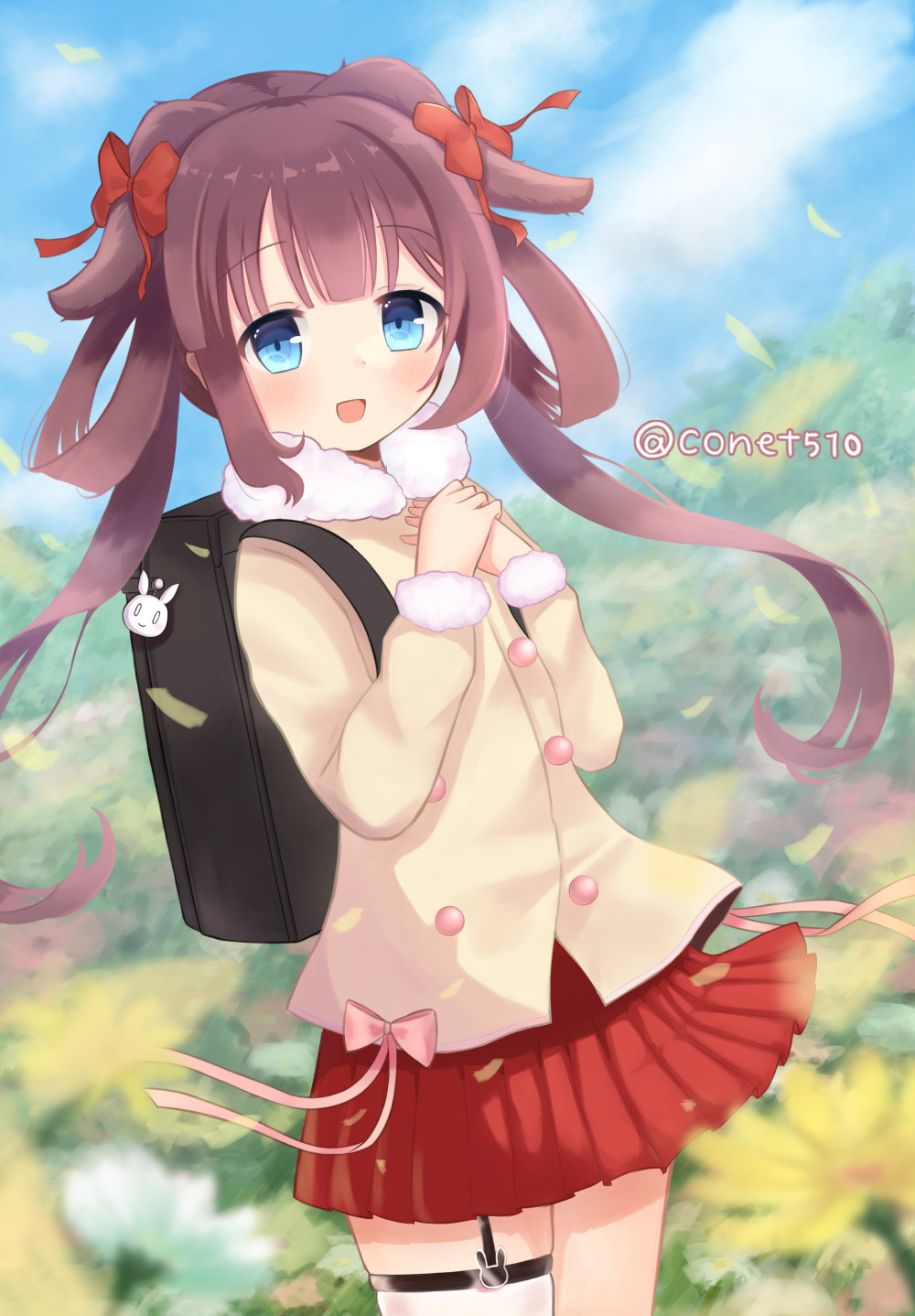 1girl, animal_ears, animal_print, asymmetrical_legwear, azur_lane, bag, bag_charm, beige_coat, blue_eyes, blurry, blurry_background, bow, bunny_print, buttons, charm_(object), clouds, coat, conet510, flower, fur-trimmed_coat, fur_trim, garter_straps, hair_bow, highres, kiyonami_(azur_lane), petals, pink_ribbon, purple_hair, rabbit_ears, red_ribbon, red_skirt, ribbon, single_garter_strap, skirt, sky, smile, solo, uneven_legwear, white_legwear