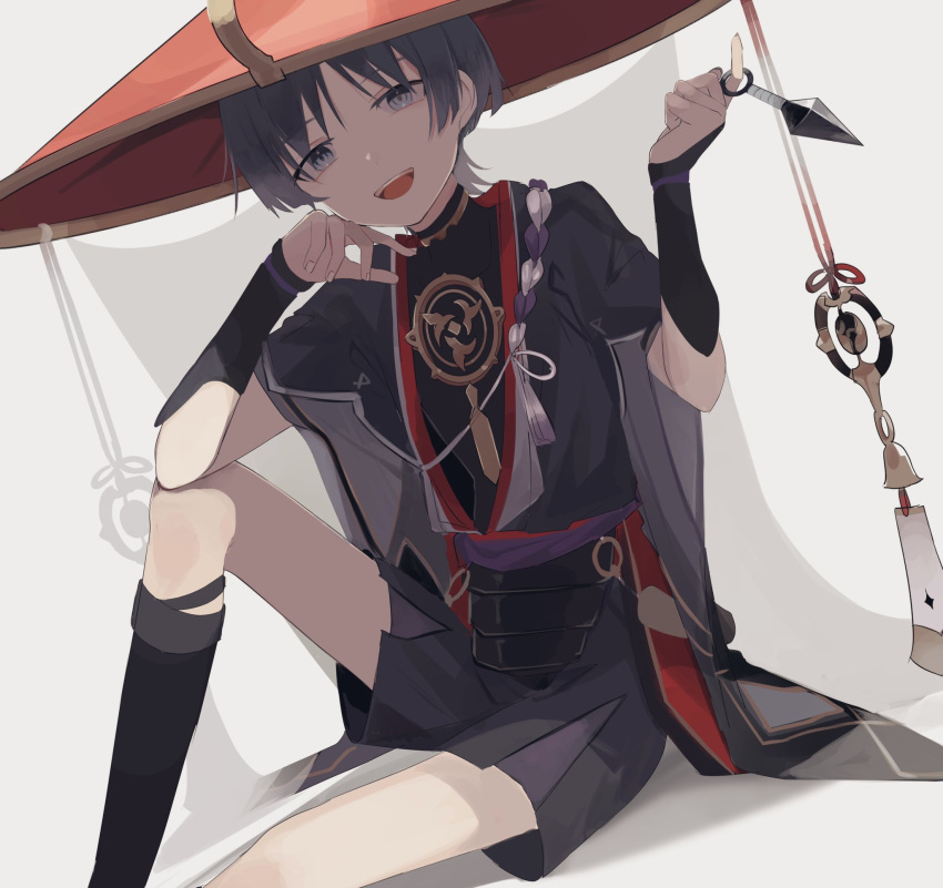 1boy, armor, bangs, bell, black_hair, choker, elbow_on_knee, emblem