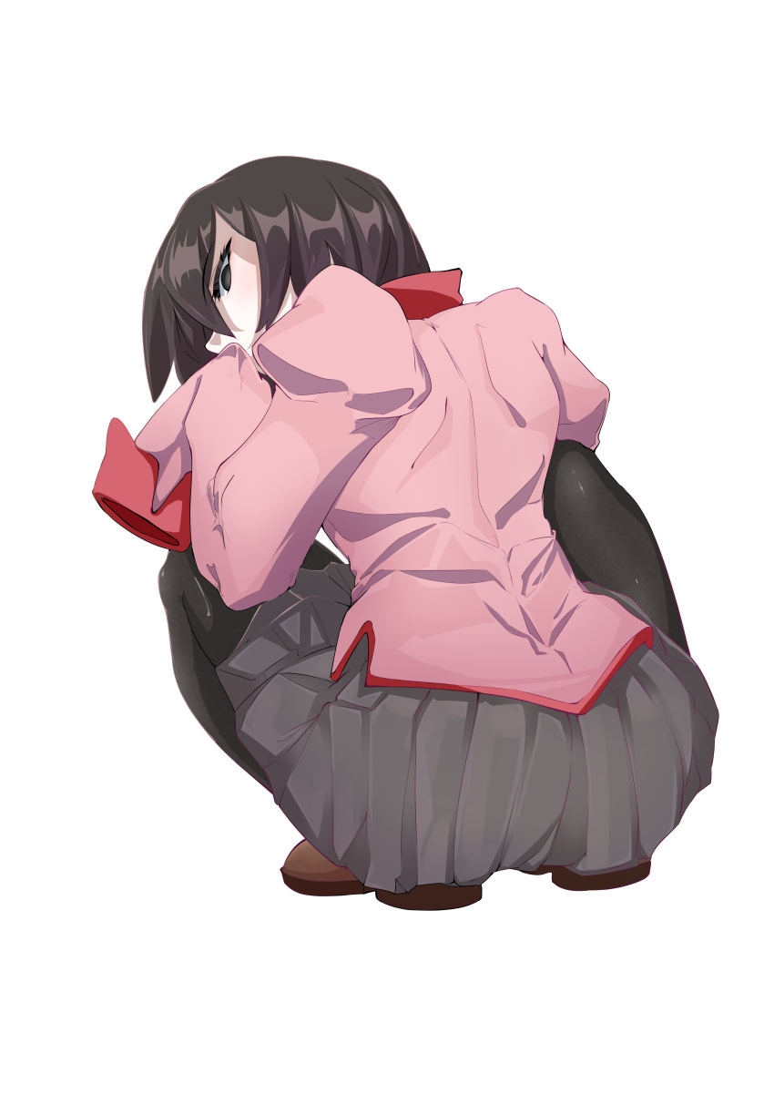 absurdres, arms_on_knees, bangs, black_eyes, black_hair, black_legwear, brown_footwear, commentary