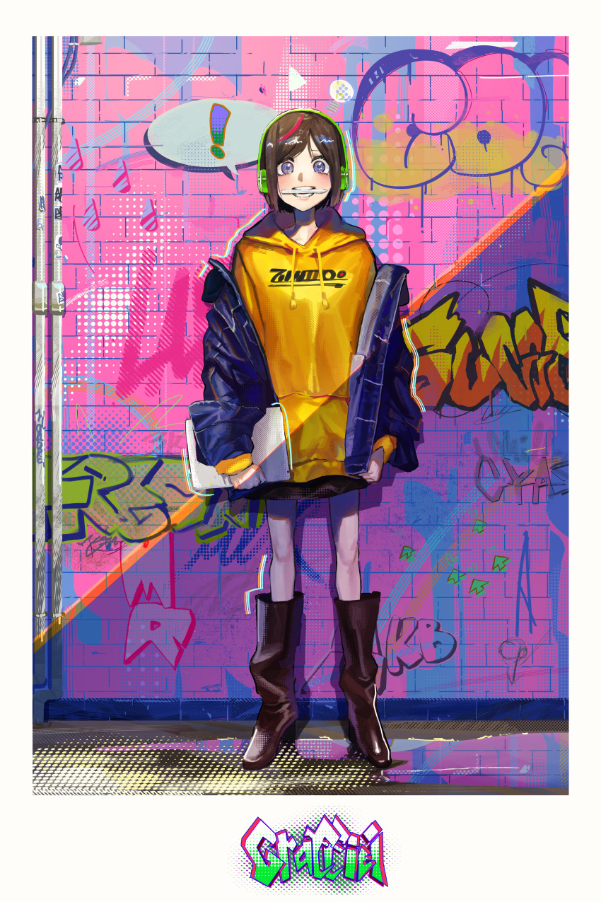!, 1girl, absurdres, bangs, black_skirt, blue_eyes, blue_jacket, blush, bob_cut, boots, brick_wall, brown_eyes, brown_footwear, commentary, drainpipe, drawstring, eyelashes, full_body, graffiti, headphones, highres, holding, holding_tablet_pc, hood, hood_down, hoodie, huge_filesize, jacket, kakakanokaminari, knee_boots, looking_at_viewer, mouth_hold, multicolored_hair, off_shoulder, original, parted_bangs, pink_background, puddle, redhead, shadow, short_hair, skirt, speech_bubble, standing, streaked_hair, stylus, tablet_pc, teeth_hold, yellow_hoodie