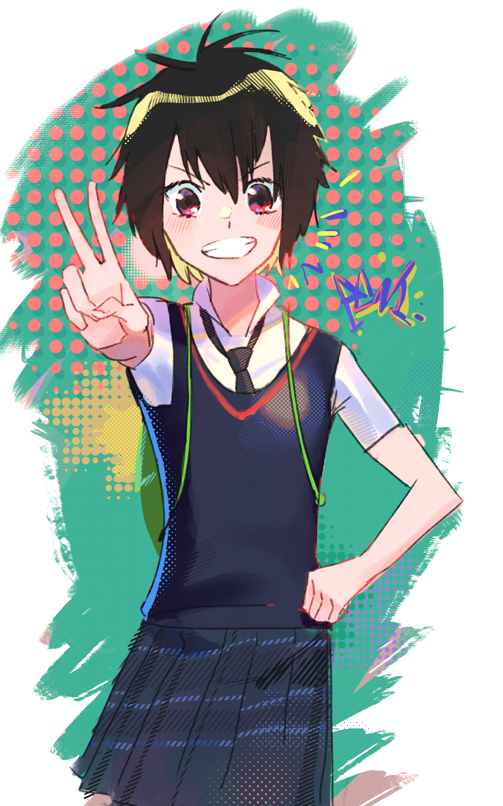 1girl, backpack, bag, bangs, black_hair, blush, commentary, cowboy_shot, green_background, grin, hair_between_eyes, hand_on_hip, highres, kakakanokaminari, looking_at_viewer, necktie, notice_lines, peni_parker, pleated_skirt, red_eyes, school_uniform, shirt, short_hair, short_sleeves, skirt, smile, solo, spider-man:_into_the_spider-verse, spider-man_(series), sweater_vest, v, v-shaped_eyebrows, white_shirt