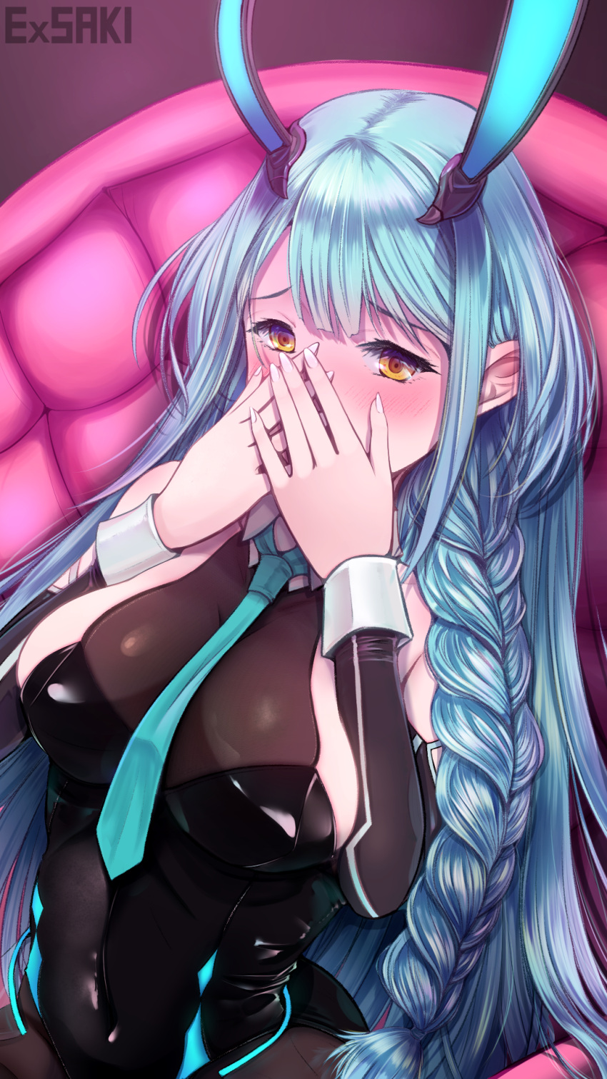 1girl, animal_ears, aqua_neckwear, azur_lane, black_leotard, blush, bodystocking, boise_(azur_lane)