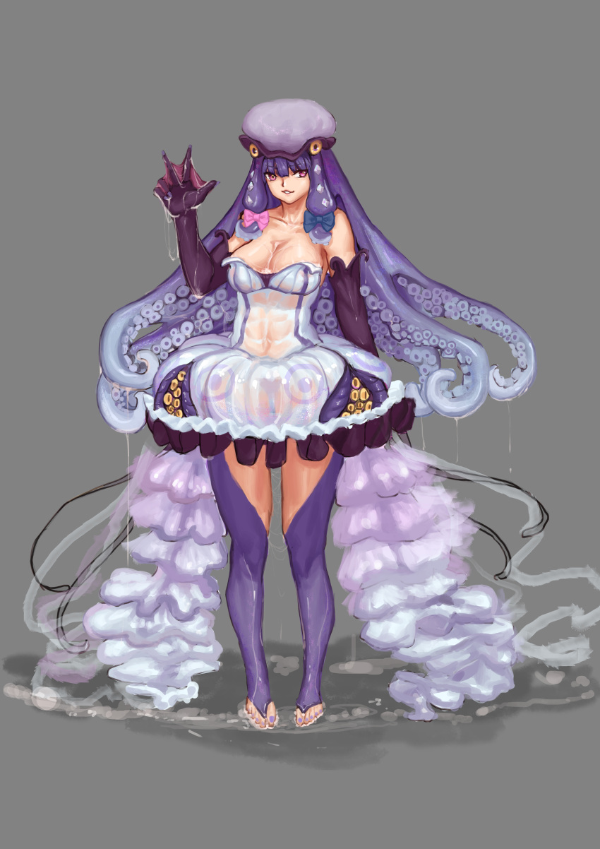 1girl, absurdres, alternate_costume, bangs, black_gloves, blue_bow, blunt_bangs, bow, breasts, commentary_request, cookie_(touhou), d_tomoki, dress, elbow_gloves, eyebrows_visible_through_hair, full_body, gloves, grey_background, hair_bow, highres, long_hair, looking_at_viewer, medium_breasts, parted_lips, patchouli_knowledge, pink_bow, purple_hair, purple_legwear, see-through_dress, simple_background, slime_(substance), smile, solo, squid, strapless, strapless_dress, taisa_(cookie), tentacle_hair, tentacles, toeless_legwear, touhou, violet_eyes, white_dress