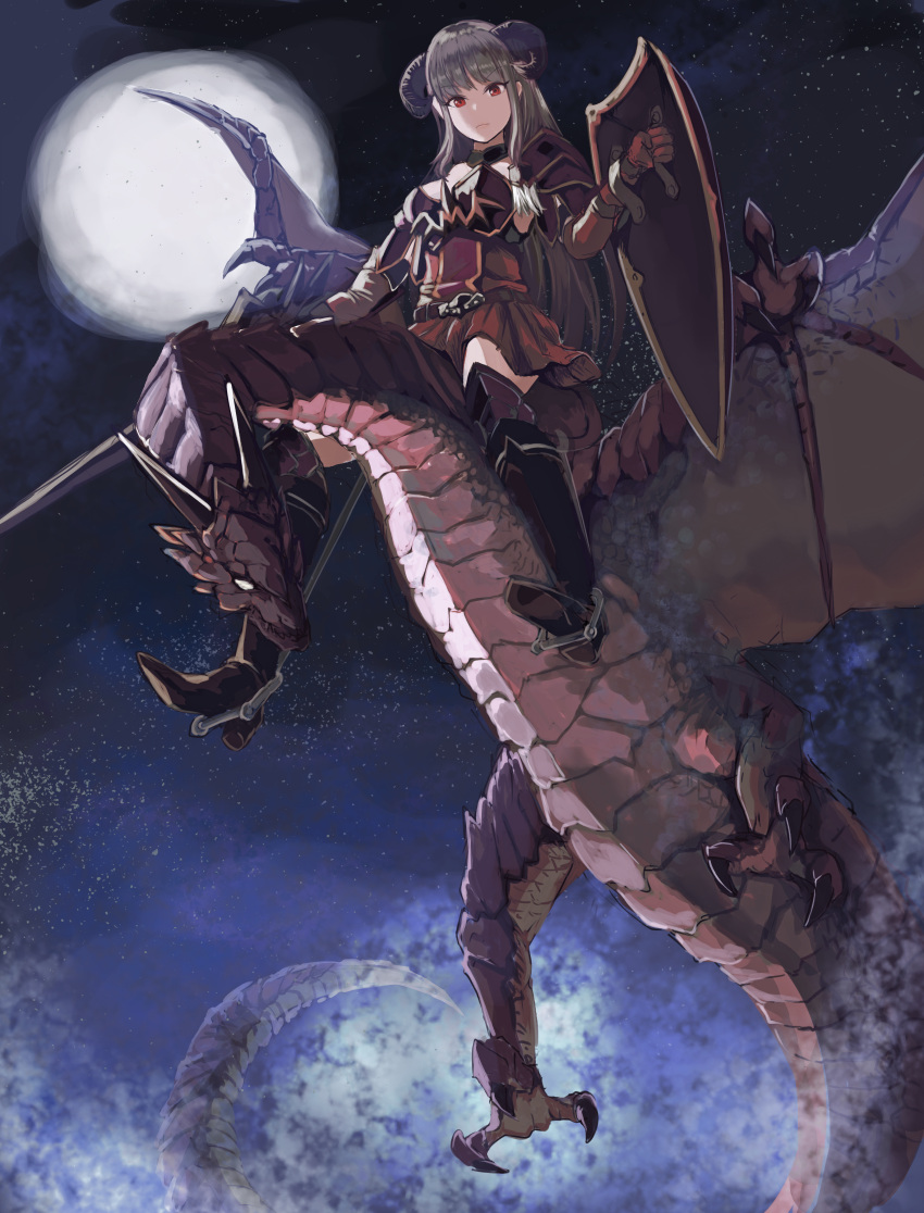 1girl, absurdres, armored_boots, bangs, boots, breasts, brown_dress, brown_gloves, closed_mouth, commentary_request, dragon, dragon_riding, dress, eyebrows_visible_through_hair, full_body, full_moon, gloves, grey_hair, highres, holding, holding_clothes, holding_polearm, holding_skirt, holding_spear, holding_weapon, horns, huge_filesize, long_hair, looking_at_viewer, medium_breasts, moon, original, pleated_dress, polearm, red_eyes, sail_(sail-away), skirt, sky, spear, star_(sky), starry_sky, stirrups, strapless, strapless_dress, weapon