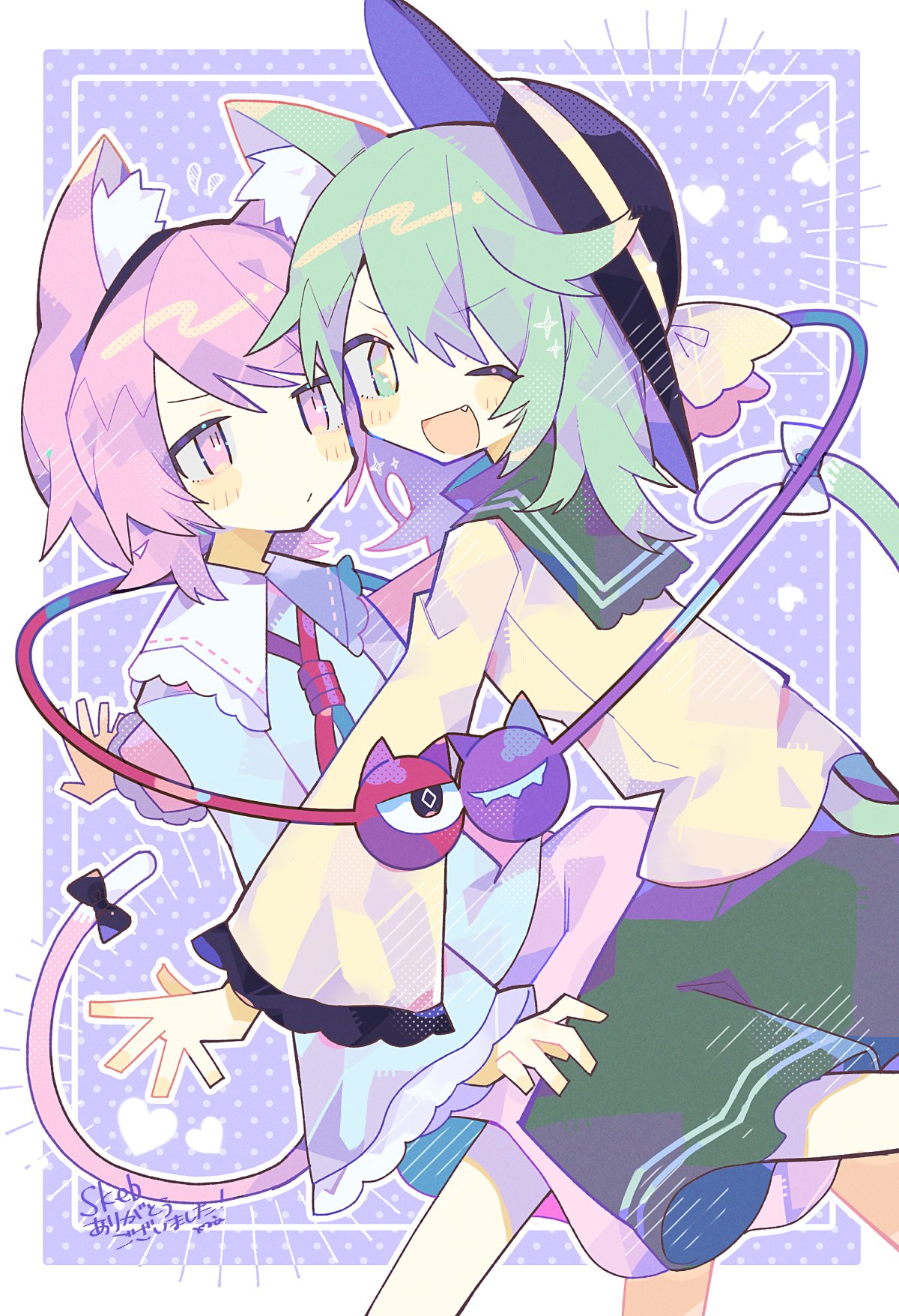 2girls, ;d, animal_ear_fluff, animal_ears, bangs, black_hairband, black_headwear, blue_shirt, border, bow, cat_ears, cat_tail, eyebrows_visible_through_hair, fang, green_eyes, green_hair, green_skirt, hairband, heart, highres, komeiji_koishi, komeiji_satori, long_sleeves, looking_at_viewer, looking_to_the_side, mamimu_(ko_cha_22), multiple_girls, one_eye_closed, open_mouth, outline, pink_eyes, pink_hair, pink_skirt, polka_dot, polka_dot_background, purple_background, shirt, short_hair, skirt, smile, tail, tail_bow, tail_ornament, third_eye, touhou, v-shaped_eyebrows, white_border, white_outline, wide_sleeves, yellow_shirt