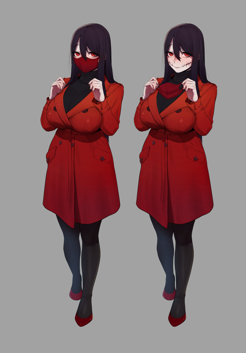 1girl, absurdres, bangs, black_hair, black_legwear, breasts, creepypasta, glasgow_smile, grey_background, hair_between_eyes, highres, holding, holding_mask, jacket, jdw, kuchisake-onna, large_breasts, long_hair, looking_at_viewer, mask, mask_removed, mouth_mask, multiple_views, original, pantyhose, red_eyes, red_footwear, red_jacket, red_mask, shoes, simple_background, smile, standing