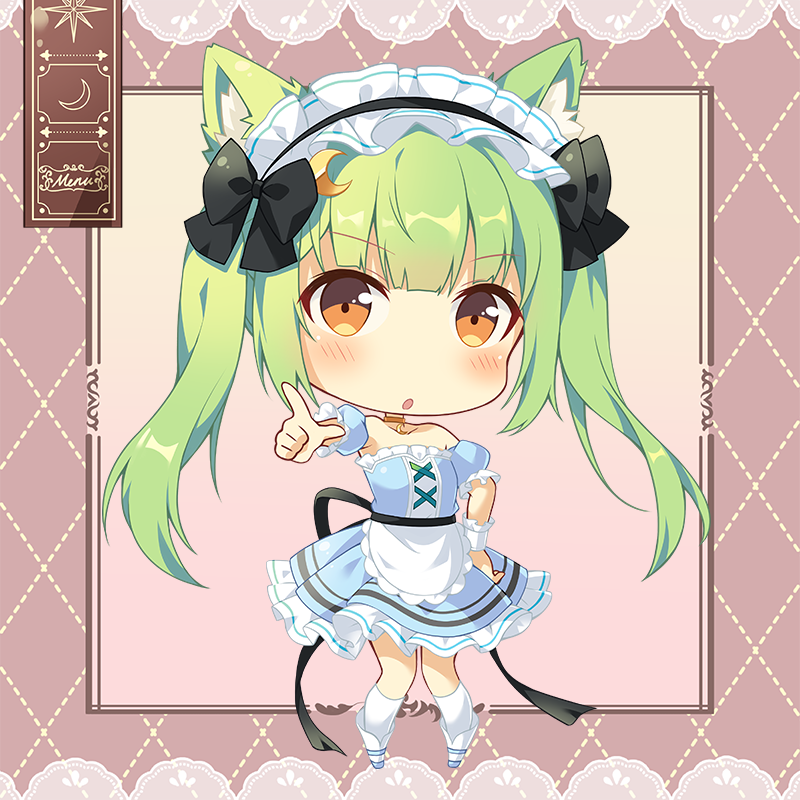 1girl, :o, animal_ears, apron, black_bow, bow, chibi, eyebrows_visible_through_hair, green_hair, hair_ornament, hyperz, long_hair, maid, maid_apron, maid_headdress, orange_eyes, shiro_kuma_shake, solo, twintails, virtual_youtuber, xinyue_bingbing