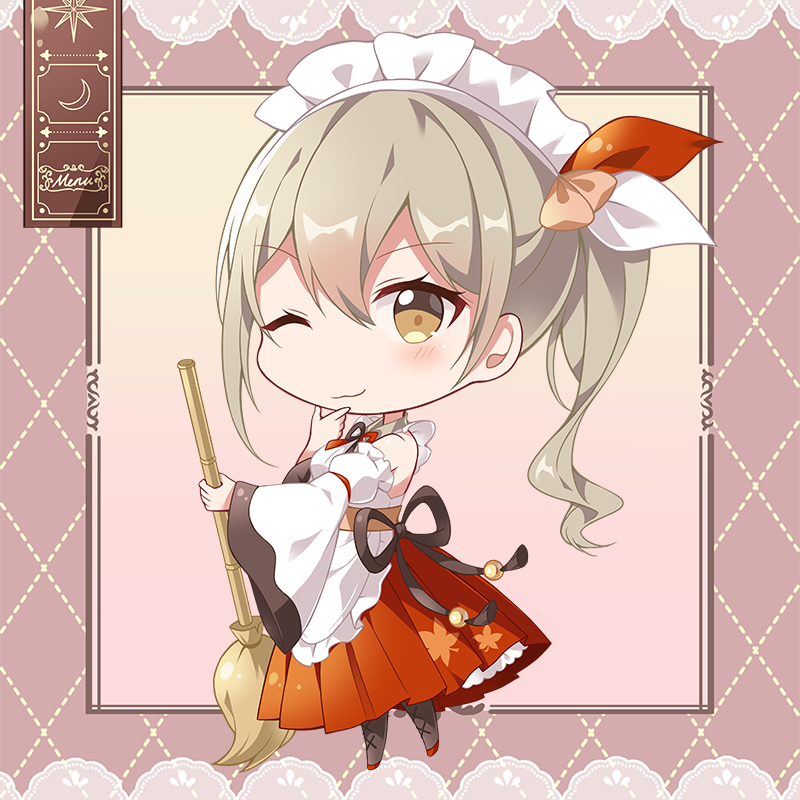 1girl, aki_rinco, apron, broom, brown_eyes, brown_hair, chibi, maid