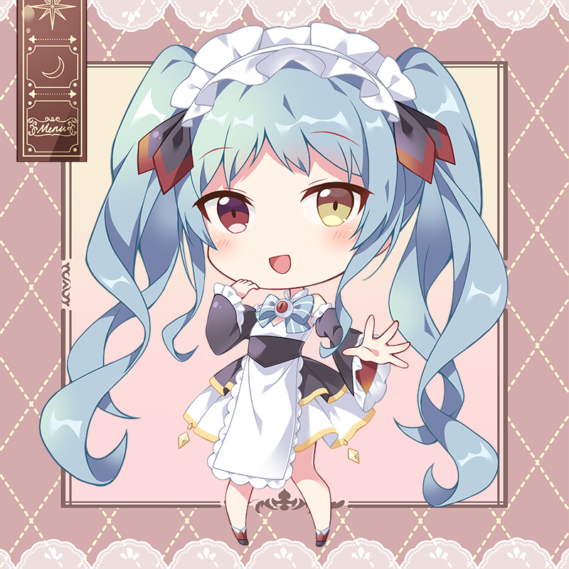 1girl, apron, aqua_hair, chibi, chucolala, enfer_mirei, heterochromia, long_hair, maid, maid_apron, maid_headdress, red_eyes, shiro_kuma_shake, smile, solo, twintails, virtual_youtuber, yellow_eyes