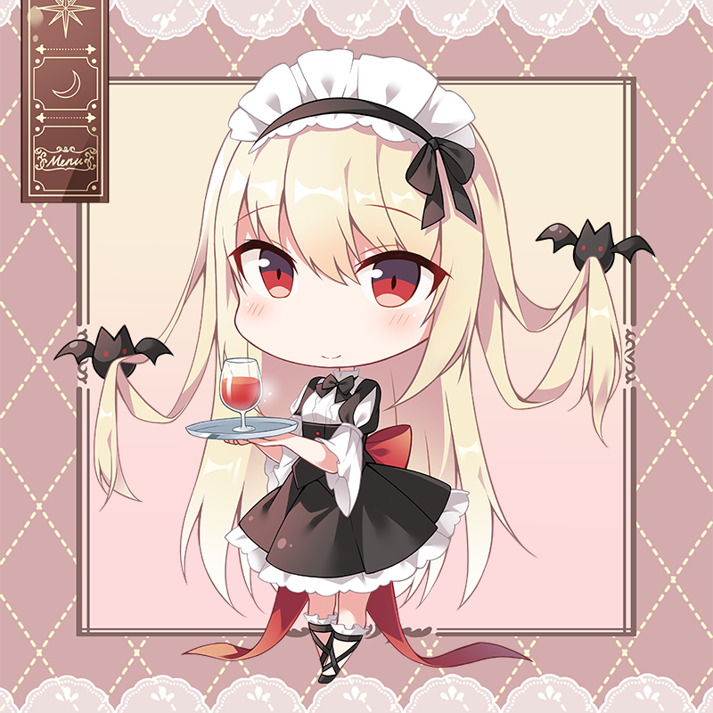 1girl, apron, bat_hair_ornament, blonde_hair, chibi, hair_ornament, hairband, indie_virtual_youtuber, long_hair, looking_at_viewer, maid, maid_apron, maid_headdress, red_eyes, shiina_nanoha, shiro_kuma_shake, smile, tomato_juice, twintails, virtual_youtuber
