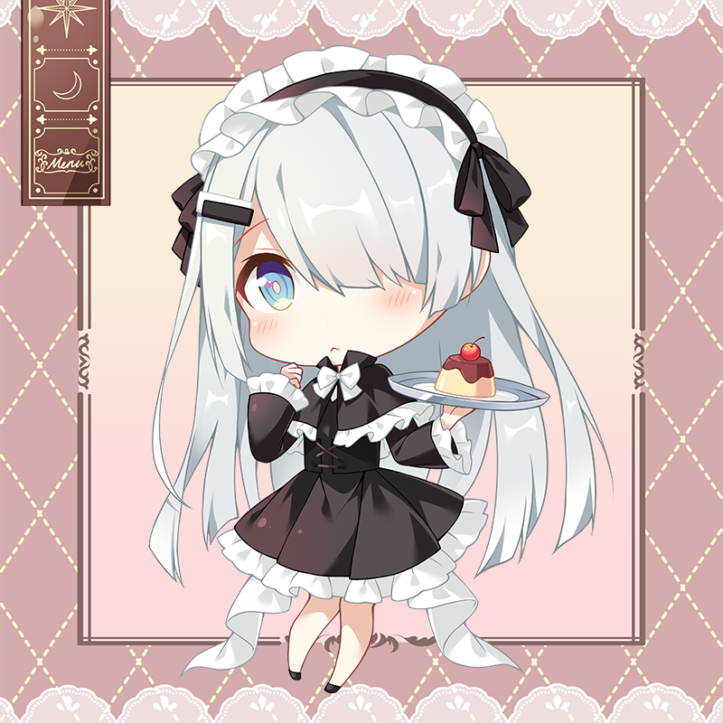1girl, apron, cake, chibi, food, hair_ornament, hair_over_one_eye, long_hair