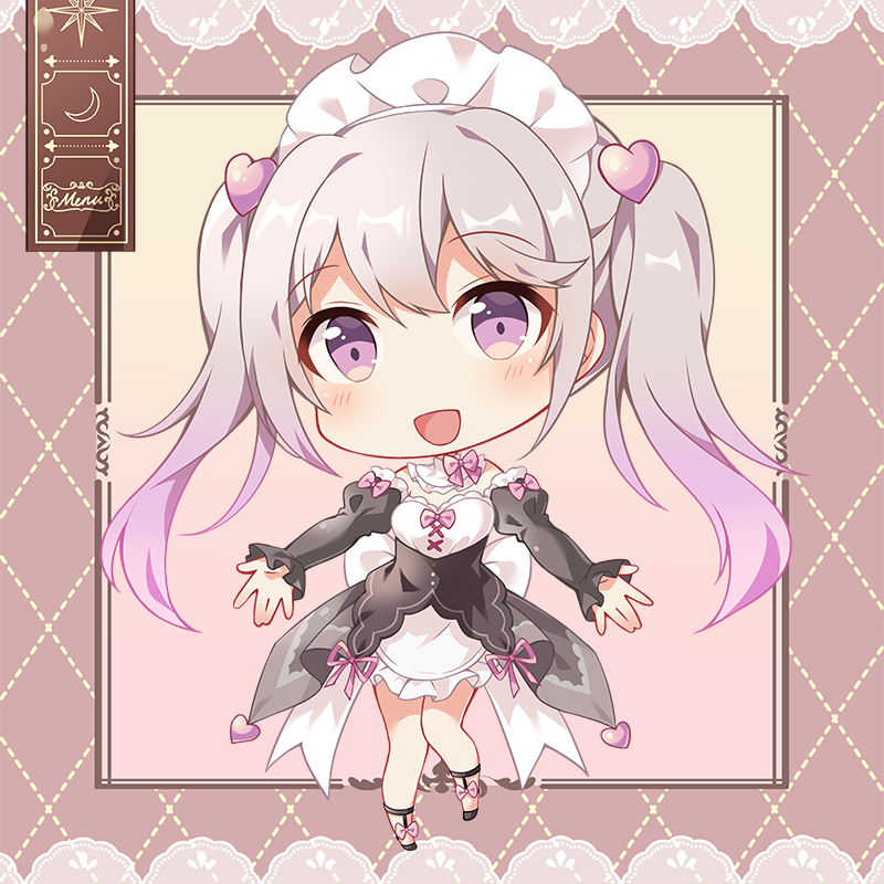 1girl, apron, chibi, hair_ornament, heart, hinata_cocomi, indie_virtual_youtuber, long_hair