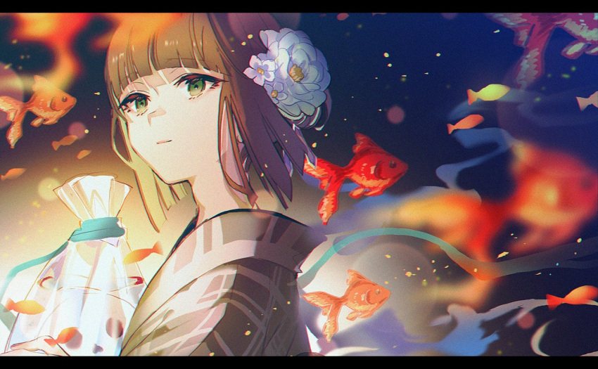 1boy, bag, bangs, blunt_bangs, blunt_ends, bob_cut, brown_hair, festival