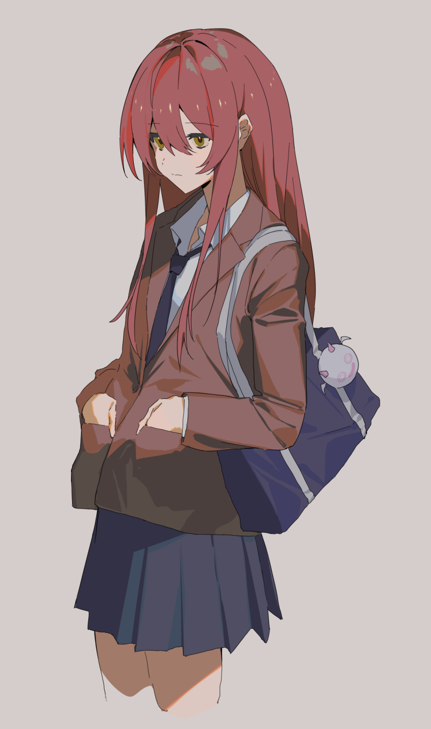 bag, bag_charm, blazer, carrying_bag, charm_(object), cropped_legs, debi_tarou, expressionless