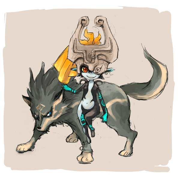 helmet, link, link_(wolf), midna, morisuke, nintendo, pointy_ears, red_eyes, smile, the_legend_of_zelda, twilight_princess, wolf