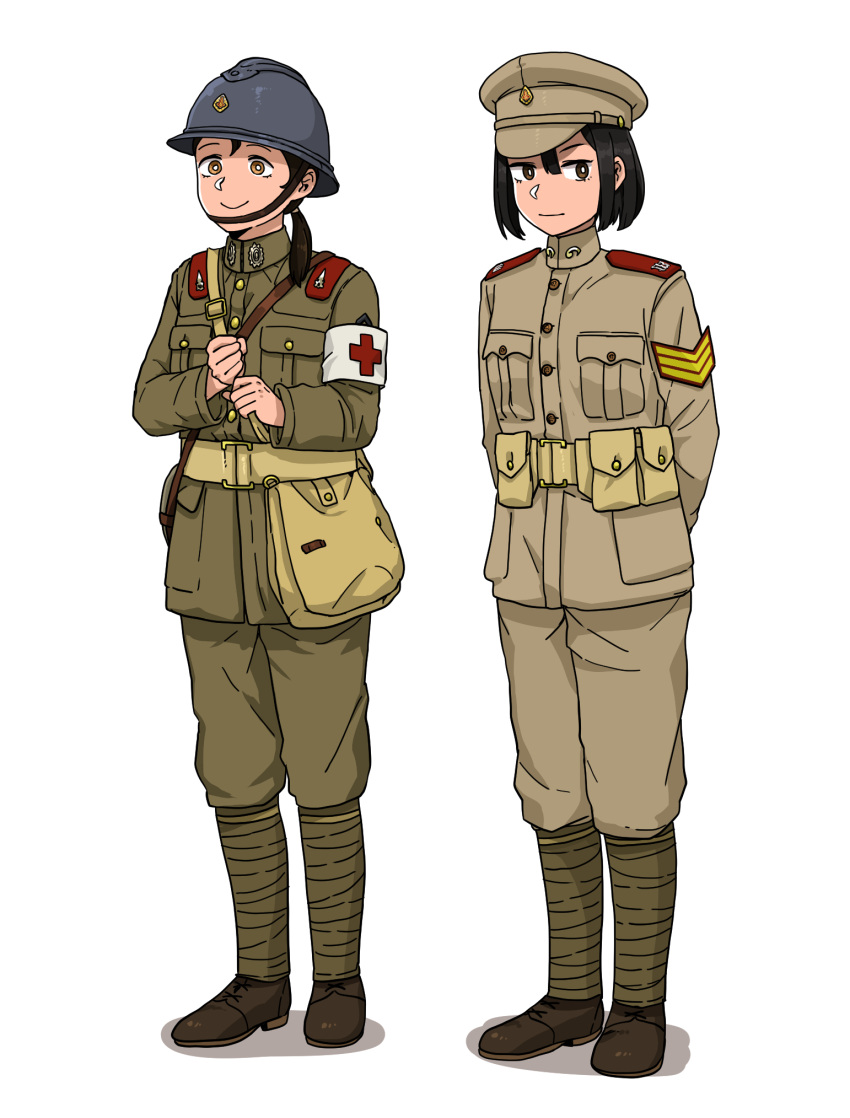 2girls, adrian_helmet, anyan_(jooho), armband, arms_behind_back, bag, belt, belt_pouch