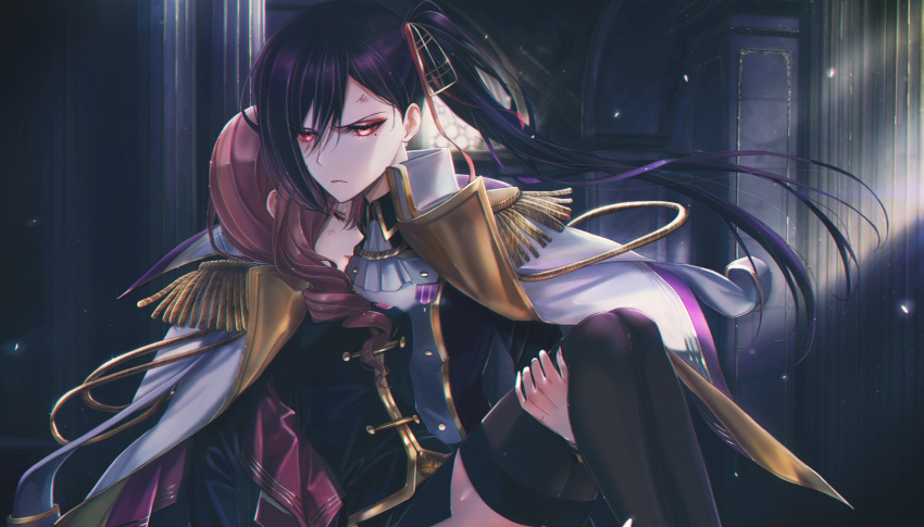 2girls, aiguillette, ascot, bangs, black_jacket, black_legwear, black_skirt, blackfangs
