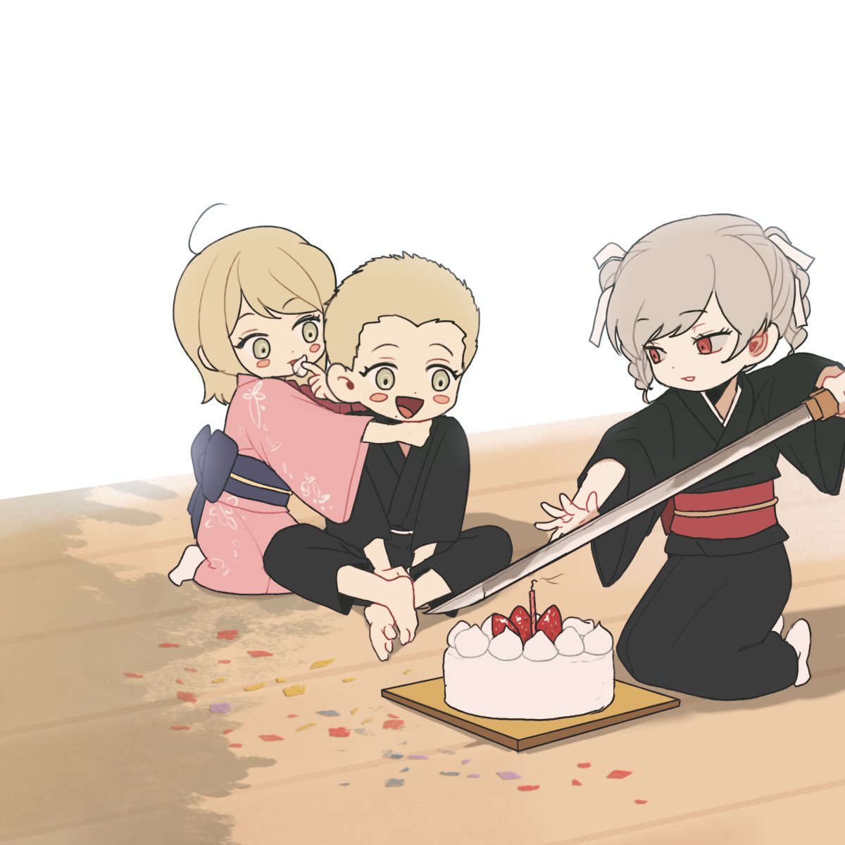 2girls, :d, ahoge, bangs, barefoot, blonde_hair, blush_stickers, braid