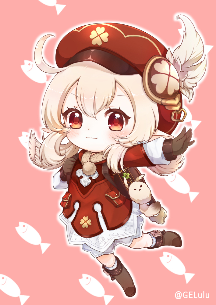 1girl, :d, ahoge, animal_print, backpack, bag, bag_charm, bangs