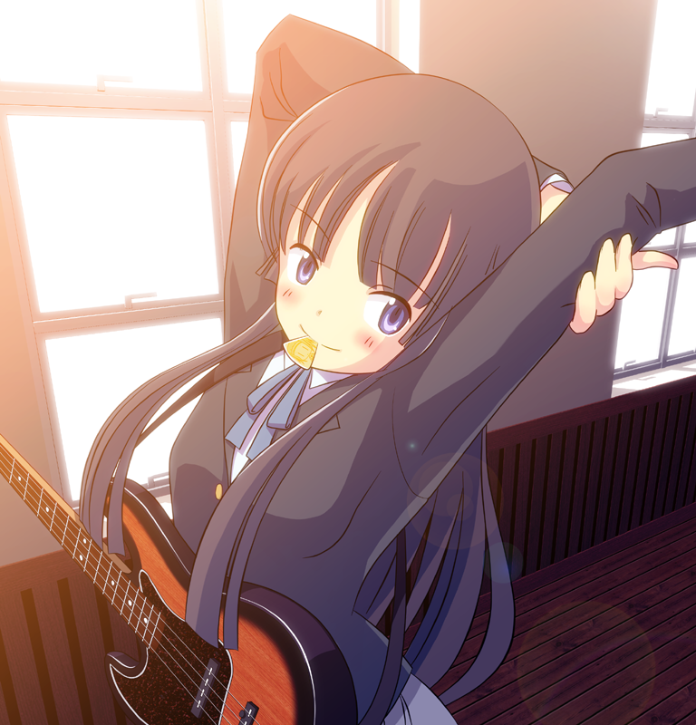 bass_guitar, black_hair, blue_eyes, blush, guitar_pick, instrument, k-on!, kamo_(rsrk)