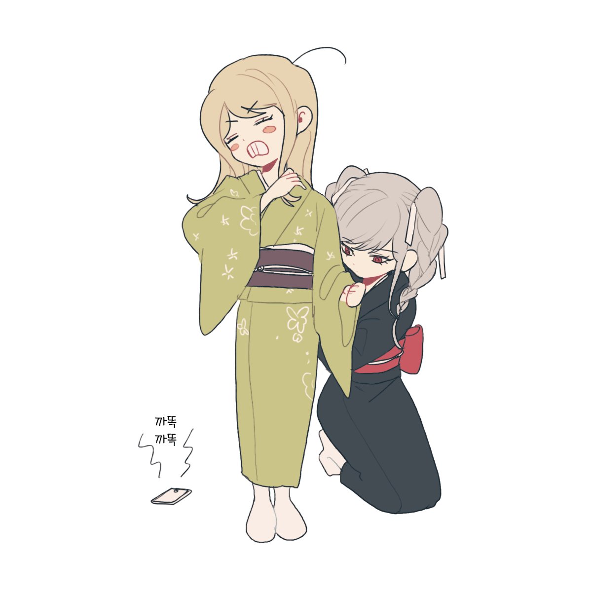 2girls, bangs, black_kimono, blonde_hair, braid, cellphone, clenched_teeth, closed_eyes