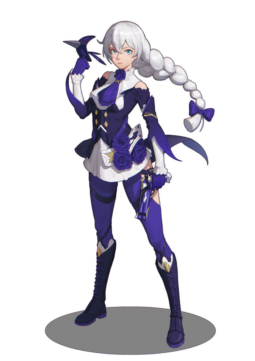 1girl, absurdres, bangs, bare_shoulders, blue_eyes, boots, braid, braided_ponytail