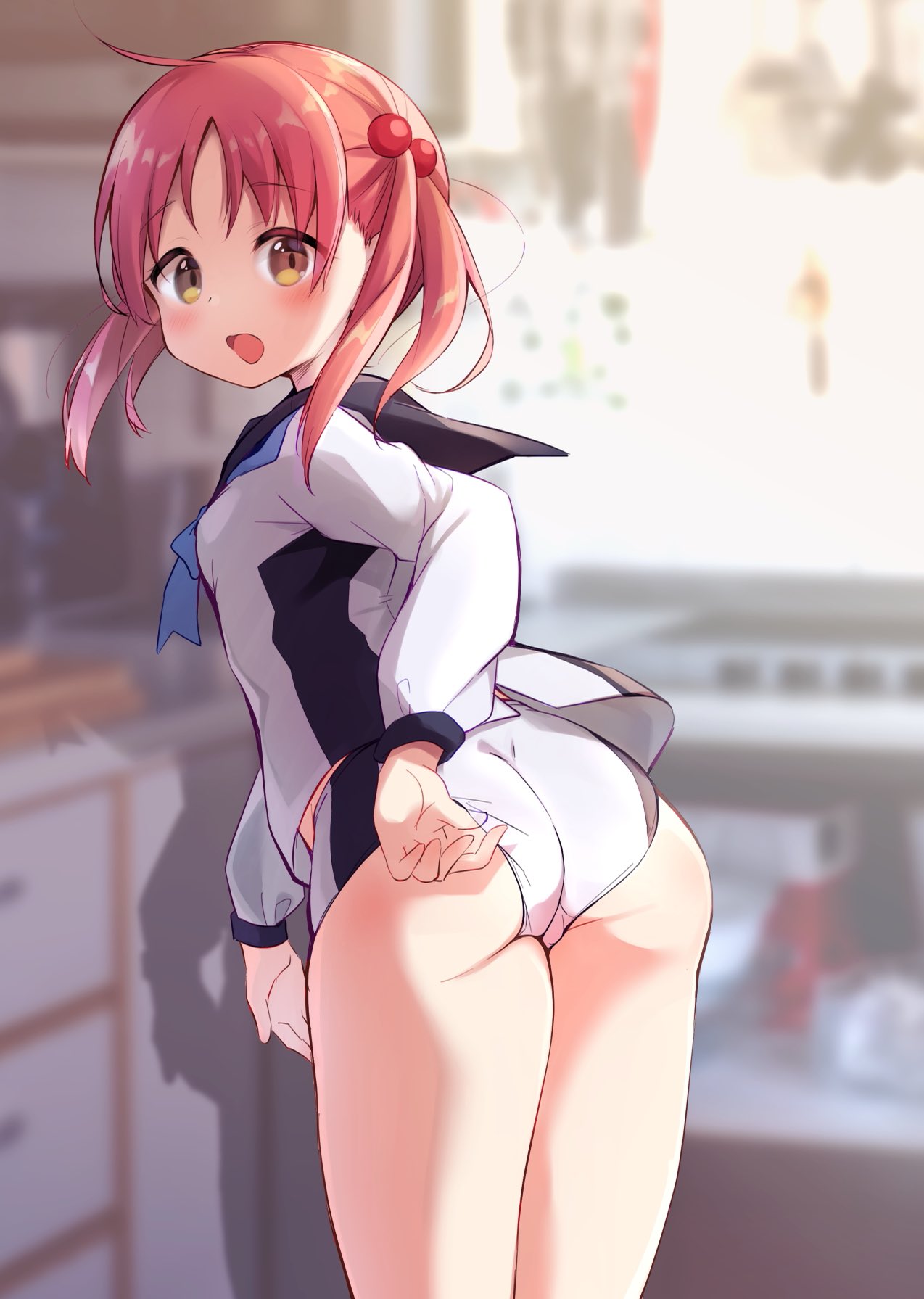 1girl, black_sailor_collar, blurry, brown_eyes, commentary_request, cowboy_shot, depth_of_field, from_behind