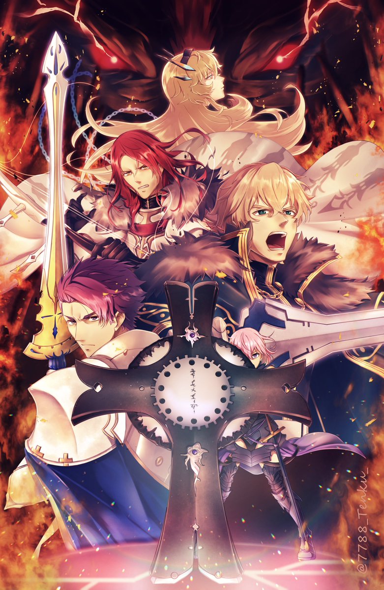 2girls, 3boys, armor, arondight_(fate), blonde_hair, excalibur_galatine_(fate), fai, fairy_knight_gawain_(fate)