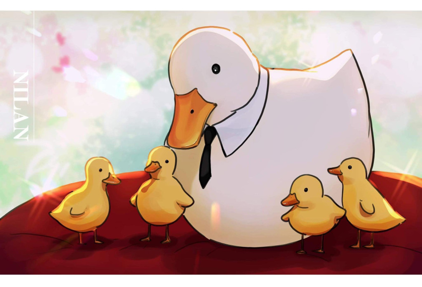 animal, animal_focus, artist_name, bird, black_eyes, black_neckwear, closed_mouth, commentary