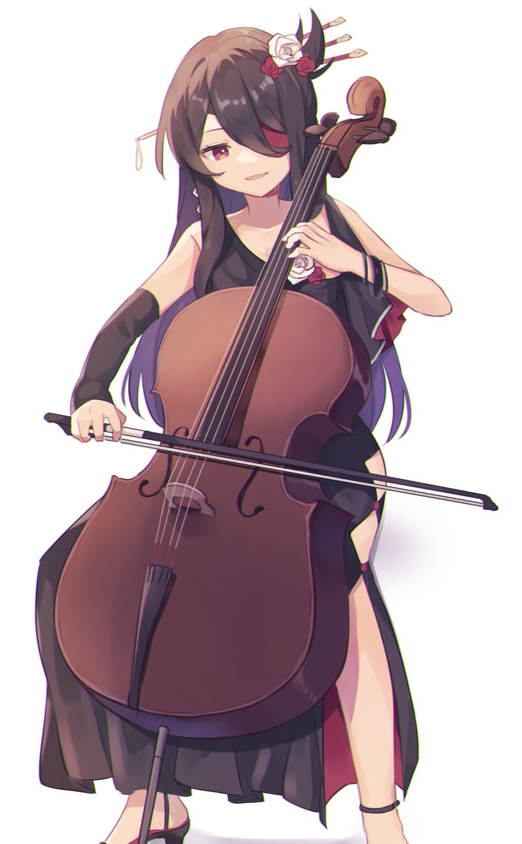 1girl, bangs, beidou_(genshin_impact), black_dress, black_hair, bow, cello, character_request