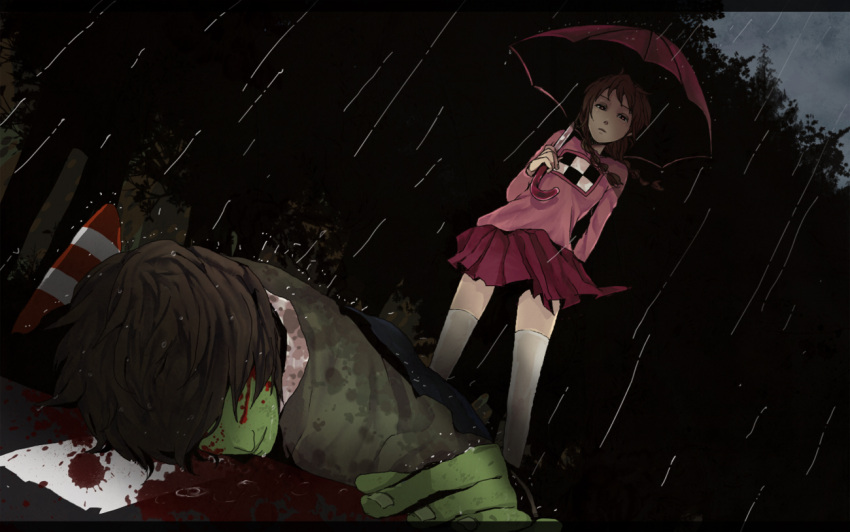 braid, brown_hair, corpse, death, green_skin, madotsuki, midoro, rain, shitaisan, skirt, traffic_cone, twin_braids, umbrella, yume_nikki