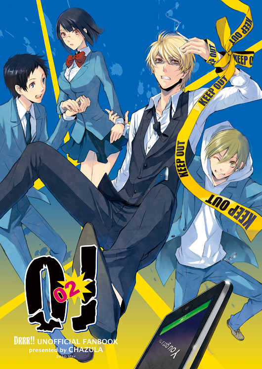 blonde_hair, blue_eyes, bob_cut, bowtie, breasts, caution_tape, cellphone, cigarette