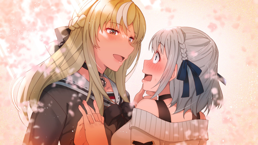2girls, absurdres, black_choker, blonde_hair, blue_ribbon, blush, braid, brown_eyes
