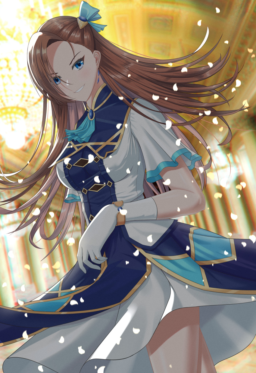 1girl, absurdres, blue_dress, blue_eyes, blue_ribbon, brown_hair, chandelier, commentary_request, dress, dutch_angle, earrings, gloves, hair_ribbon, highres, huge_filesize, indoors, jewelry, katarina_claes, long_hair, looking_at_viewer, multicolored, multicolored_clothes, multicolored_dress, otome_game_no_hametsu_flag_shika_nai_akuyaku_reijou_ni_tensei_shite_shimatta, petals, ribbon, smile, solo, suzhi2333, white_dress, white_gloves
