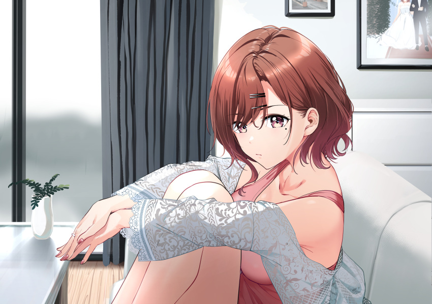 1girl, :t, bangs, bare_legs, breasts, coffee_table, collarbone, couch